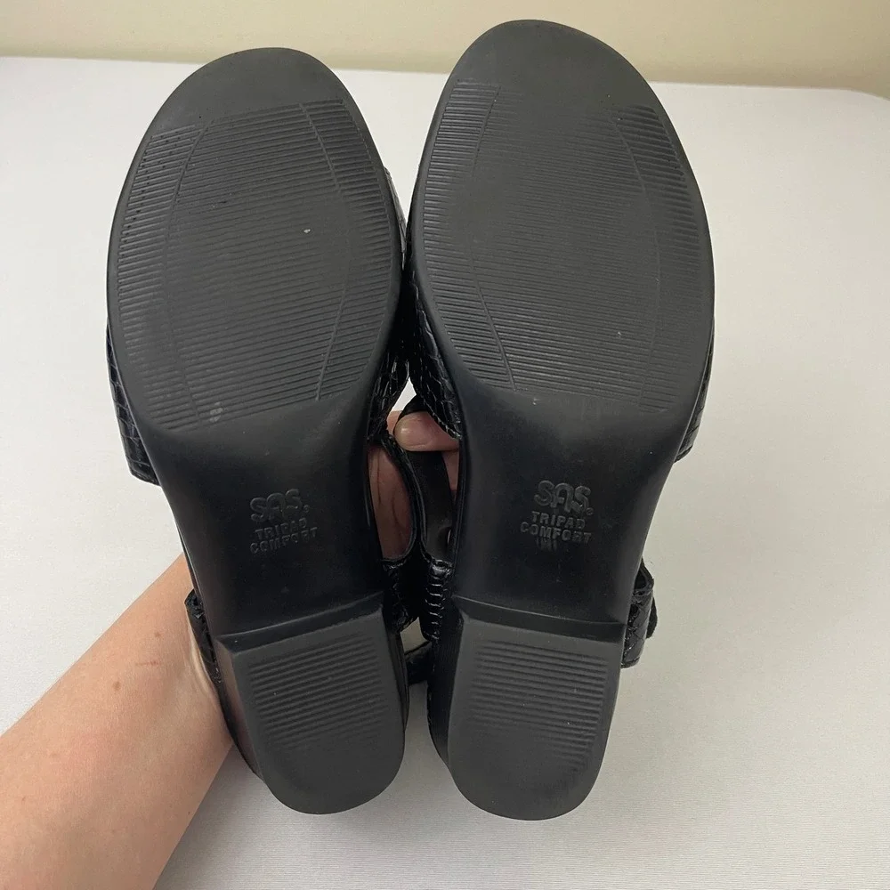 SAS Suntimer 7.5W‎ Black Croc Embossed Slingback Comfort Block Heel Sandals